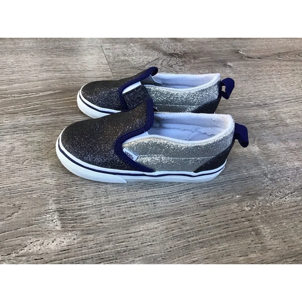 Vans Toddler Size 8.5 slip on Sneakers Glitter silver Blue Off The Wall Shoes